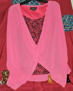EUC Vintage Mark Bouwer Vibrant Pink Top with Black Lace Detail Attached Cami